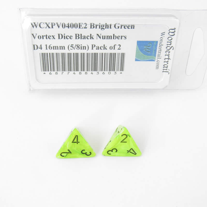WCXPV0400E2 Bright Green Vortex Dice Black Numbers D4 16mm (5/8in) Pack of 2 (ONLINE ORDER ONLY)