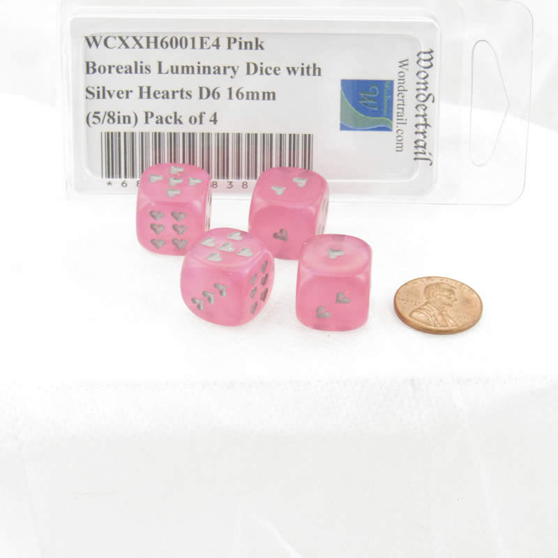 WCXXH6001E4 Pink Borealis Luminary Dice with Silver Hearts D6 16mm (5/8in) Pack of 4 (ONLINE ORDER ONLY)