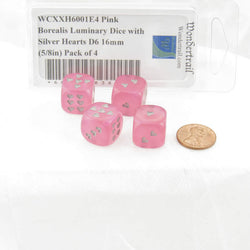 WCXXH6001E4 Pink Borealis Luminary Dice with Silver Hearts D6 16mm (5/8in) Pack of 4 (ONLINE ORDER ONLY)