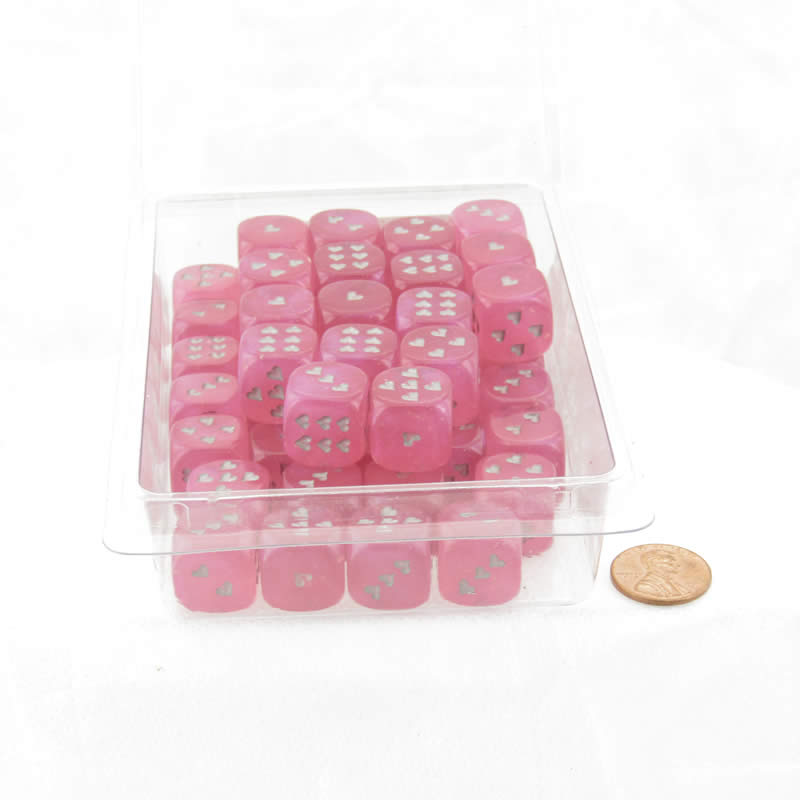 WCXXH6001E50 Pink Borealis Luminary Dice with Silver Hearts D6 16mm (5/8in) Pack of 50 (ONLINE ORDER ONLY)