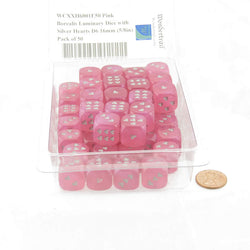 WCXXH6001E50 Pink Borealis Luminary Dice with Silver Hearts D6 16mm (5/8in) Pack of 50 (ONLINE ORDER ONLY)