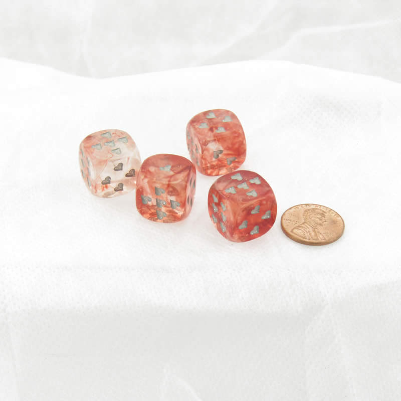 WCXXH6006E4 Red Nebula Luminary Dice with Silver Hearts D6 16mm (5/8in) Pack of 4 (ONLINE ORDER ONLY)