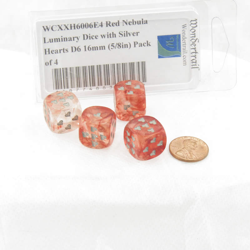 WCXXH6006E4 Red Nebula Luminary Dice with Silver Hearts D6 16mm (5/8in) Pack of 4 (ONLINE ORDER ONLY)
