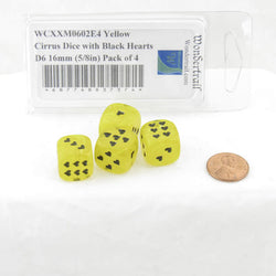 WCXXM0602E4 Yellow Cirrus Dice with Black Hearts D6 16mm (5/8in) Pack of 4 (ONLINE ORDER ONLY)