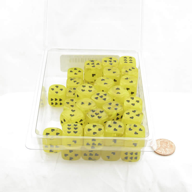 WCXXM0602E50 Yellow Cirrus Dice with Black Hearts D6 16mm (5/8in) Pack of 50 (ONLINE ORDER ONLY)