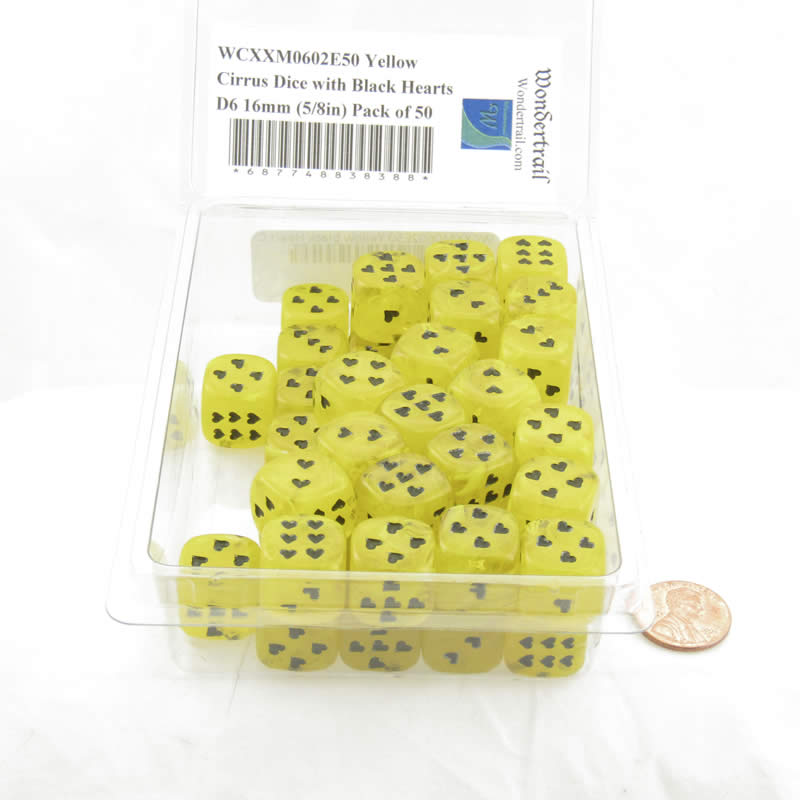 WCXXM0602E50 Yellow Cirrus Dice with Black Hearts D6 16mm (5/8in) Pack of 50 (ONLINE ORDER ONLY)