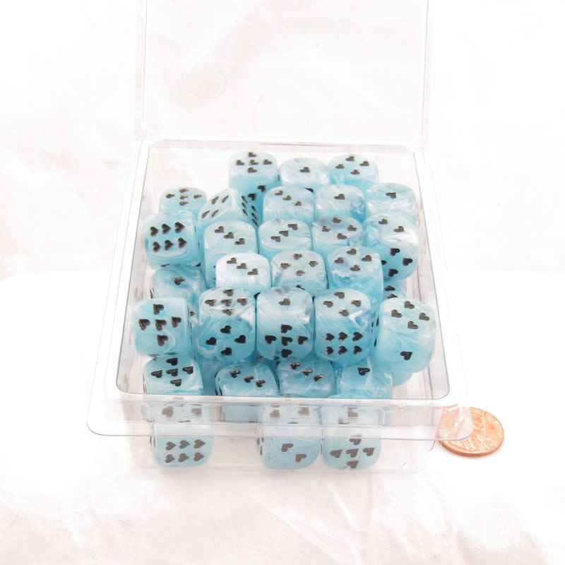 WCXXM0606E50 Light Blue Cirrus Dice with Black Hearts D6 16mm (5/8in) Pack of 50 (ONLINE ORDER ONLY)