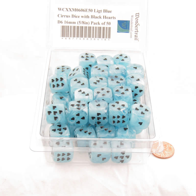 WCXXM0606E50 Light Blue Cirrus Dice with Black Hearts D6 16mm (5/8in) Pack of 50 (ONLINE ORDER ONLY)