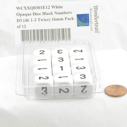 WCXXQ0301E12 White Opaque Dice Black Numbers D3 (d6 1-3 Twice) 16mm Pack of 12 (ONLINE ORDER ONLY)