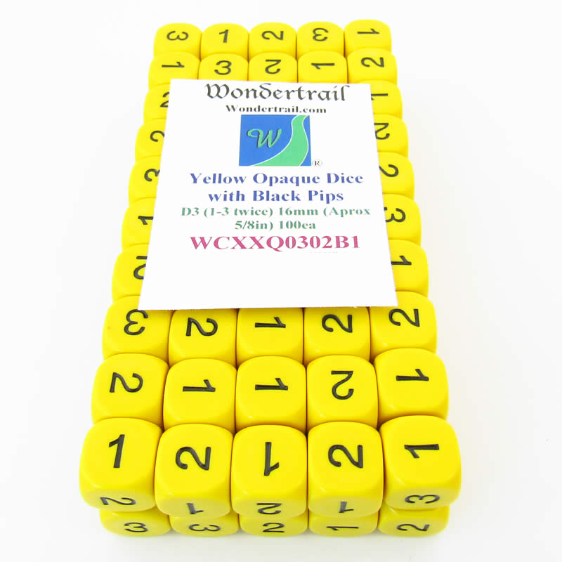 WCXXQ0302B1 Yellow Opaque Dice Black Numbers D3 (D6 1-3 Twice) 16mm Pack of 100 (ONLINE ORDER ONLY)