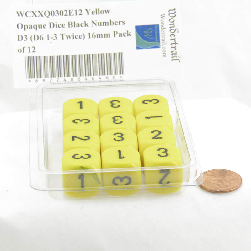 WCXXQ0302E12 Yellow Opaque Dice Black Numbers D3 (D6 1-3 Twice) 16mm Pack of 12 (ONLINE ORDER ONLY)