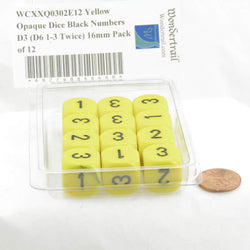 WCXXQ0302E12 Yellow Opaque Dice Black Numbers D3 (D6 1-3 Twice) 16mm Pack of 12 (ONLINE ORDER ONLY)