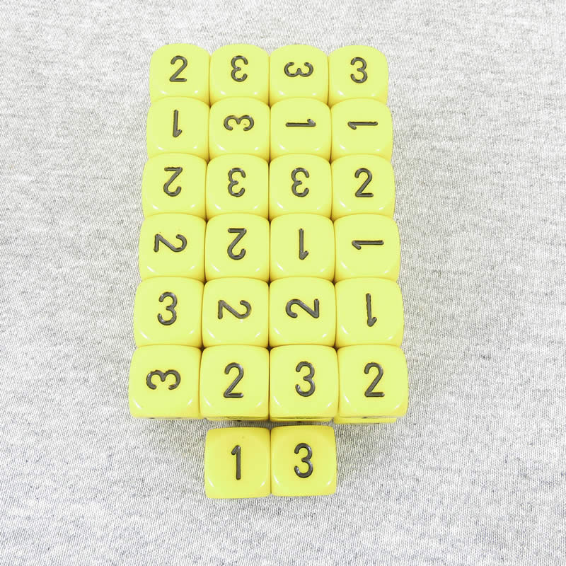 WCXXQ0302E50 Yellow Opaque Dice Black Numbers D3 (D6 1-3 Twice) 16mm Pack of 50 (ONLINE ORDER ONLY)