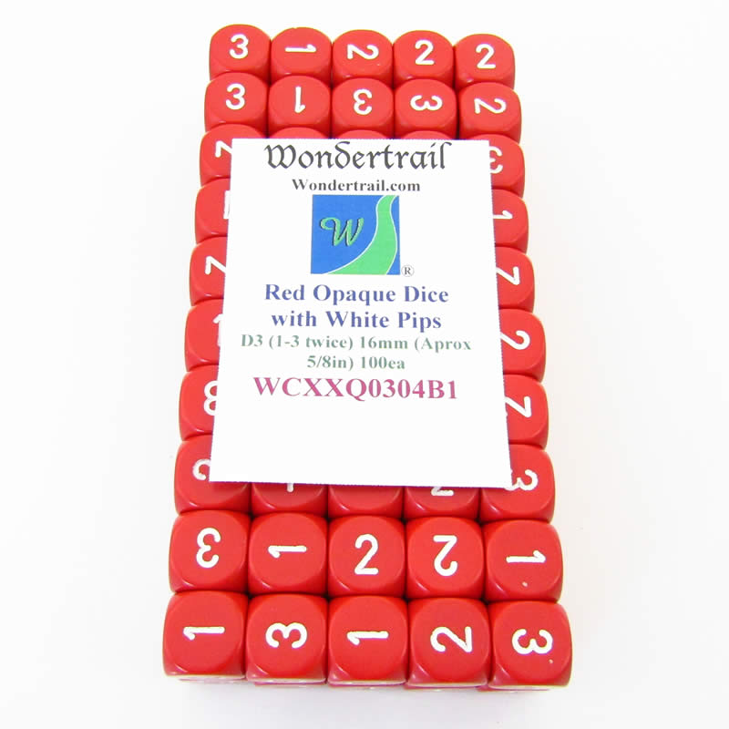 WCXXQ0304B1 Red Opaque Dice White Numbers D3 (D6 1-3 Twice) 16mm Pack of 100 (ONLINE ORDER ONLY)