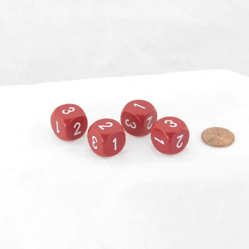 WCXXQ0304E4 Red Opaque Dice White Numbers D3 (D6 1-3 Twice) 16mm Pack of 4