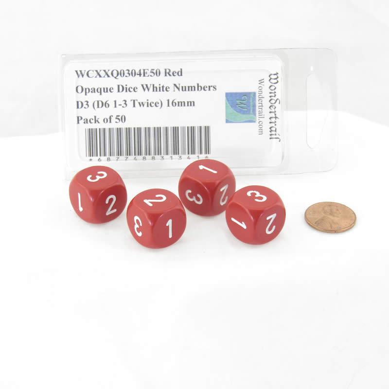 WCXXQ0304E4 Red Opaque Dice White Numbers D3 (D6 1-3 Twice) 16mm Pack of 4