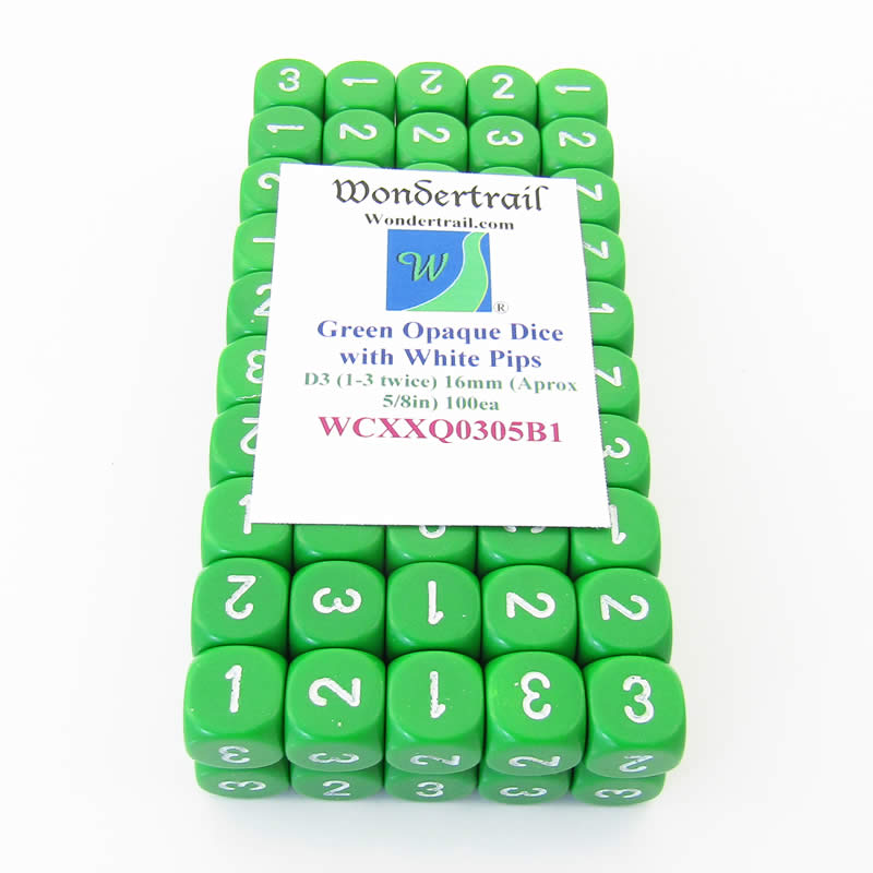 WCXXQ0305B1 Green Opaque Dice White Numbers D3 (D6 1-3 Twice) 16mm Pack of 100 (ONLINE ORDER ONLY)