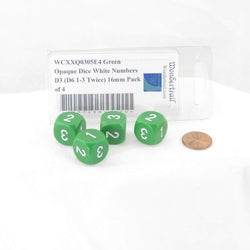 WCXXQ0305E4 Green Opaque Dice White Numbers D3 (D6 1-3 Twice) 16mm Pack of 4