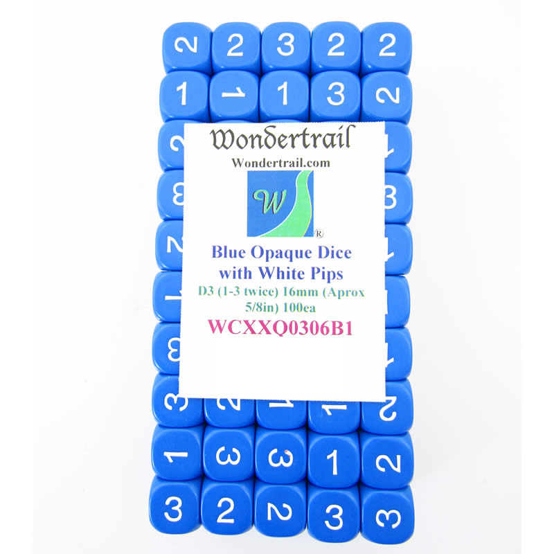 WCXXQ0306B1 Blue Opaque Dice White Numbers D3 (D6 1-3 Twice) 16mm Pack of 100 (ONLINE ORDER ONLY)