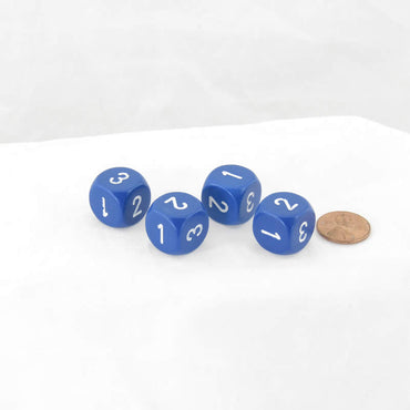 WCXXQ0306E4 Blue Opaque Dice White Numbers D3 (D6 1-3 Twice) 16mm Pack of 4 (ONLINE ORDER ONLY)