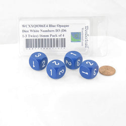 WCXXQ0306E4 Blue Opaque Dice White Numbers D3 (D6 1-3 Twice) 16mm Pack of 4