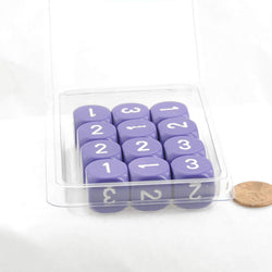 WCXXQ0307E12 Purple Opaque Dice White Numbers D3 (D6 1-3 Twice) 16mm Pack of 12 (ONLINE ORDER ONLY)