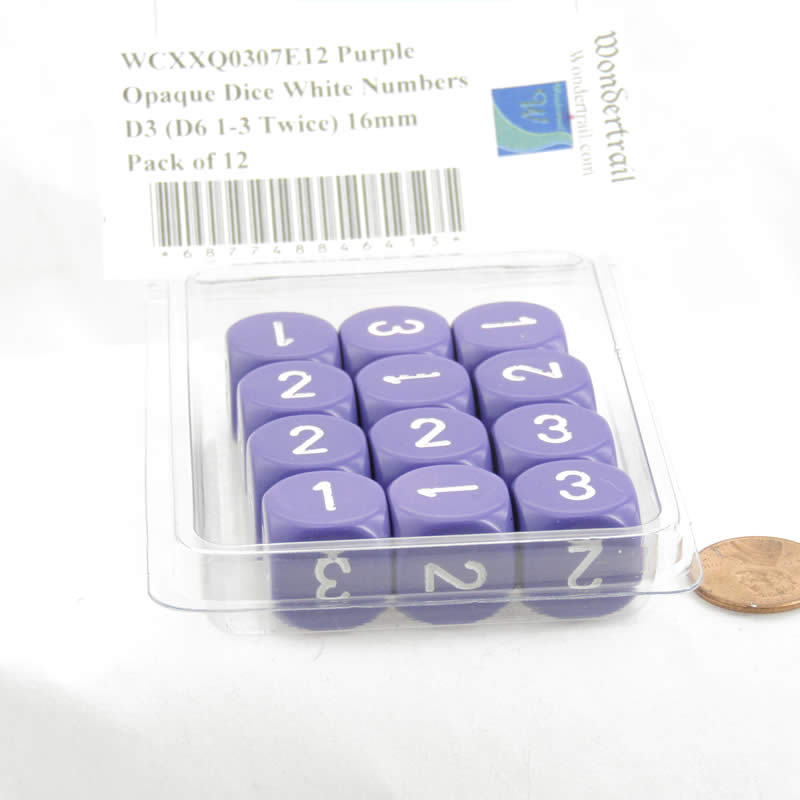 WCXXQ0307E12 Purple Opaque Dice White Numbers D3 (D6 1-3 Twice) 16mm Pack of 12 (ONLINE ORDER ONLY)