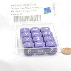 WCXXQ0307E12 Purple Opaque Dice White Numbers D3 (D6 1-3 Twice) 16mm Pack of 12 (ONLINE ORDER ONLY)