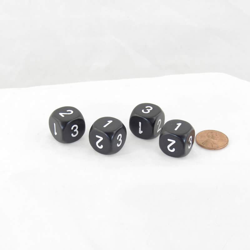 WCXXQ0308E4 Black Opaque Dice White Numbers D3 (D6 1-3 Twice) 16mm Pack of 4