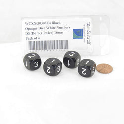 WCXXQ0308E4 Black Opaque Dice White Numbers D3 (D6 1-3 Twice) 16mm Pack of 4