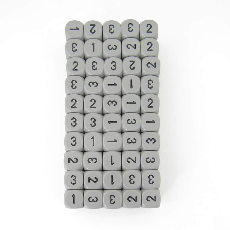 WCXXQ0310B1 Gray Opaque Dice Black Numbers D3 (d6 1-3 Twice) 16mm Pack of 100 (ONLINE ORDER ONLY)