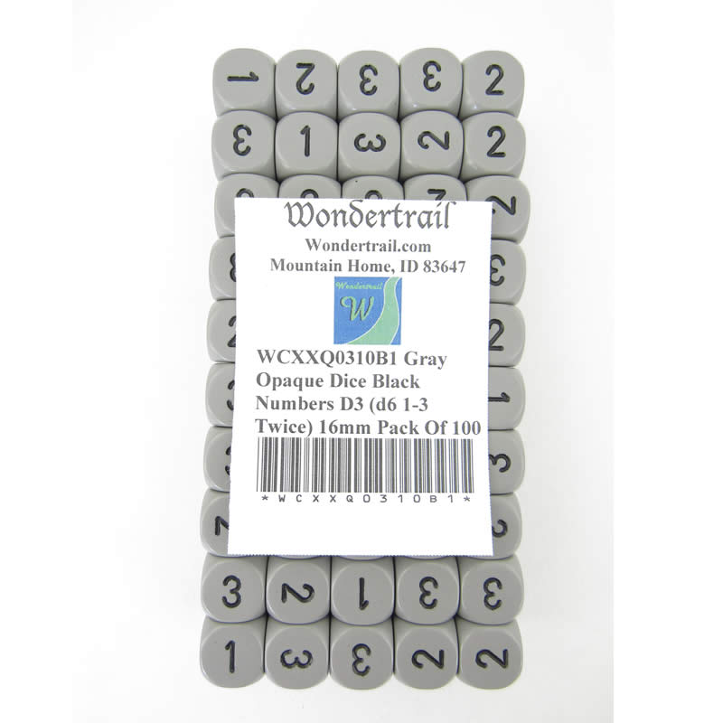 WCXXQ0310B1 Gray Opaque Dice Black Numbers D3 (d6 1-3 Twice) 16mm Pack of 100 (ONLINE ORDER ONLY)