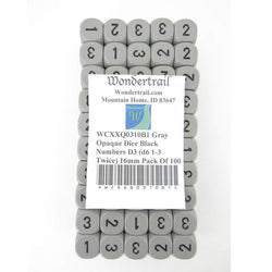 WCXXQ0310B1 Gray Opaque Dice Black Numbers D3 (d6 1-3 Twice) 16mm Pack of 100 (ONLINE ORDER ONLY)