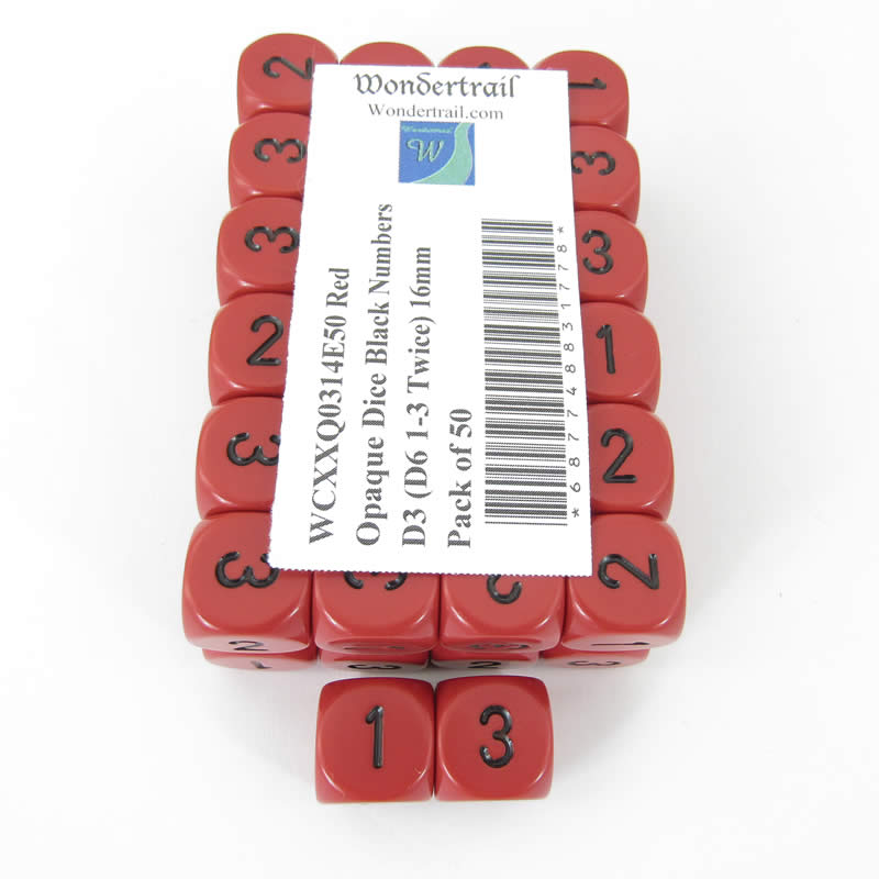 WCXXQ0314E50 Red Opaque Dice Black Numbers D3 (D6 1-3 Twice) 16mm Pack of 50 (ONLINE ORDER ONLY)