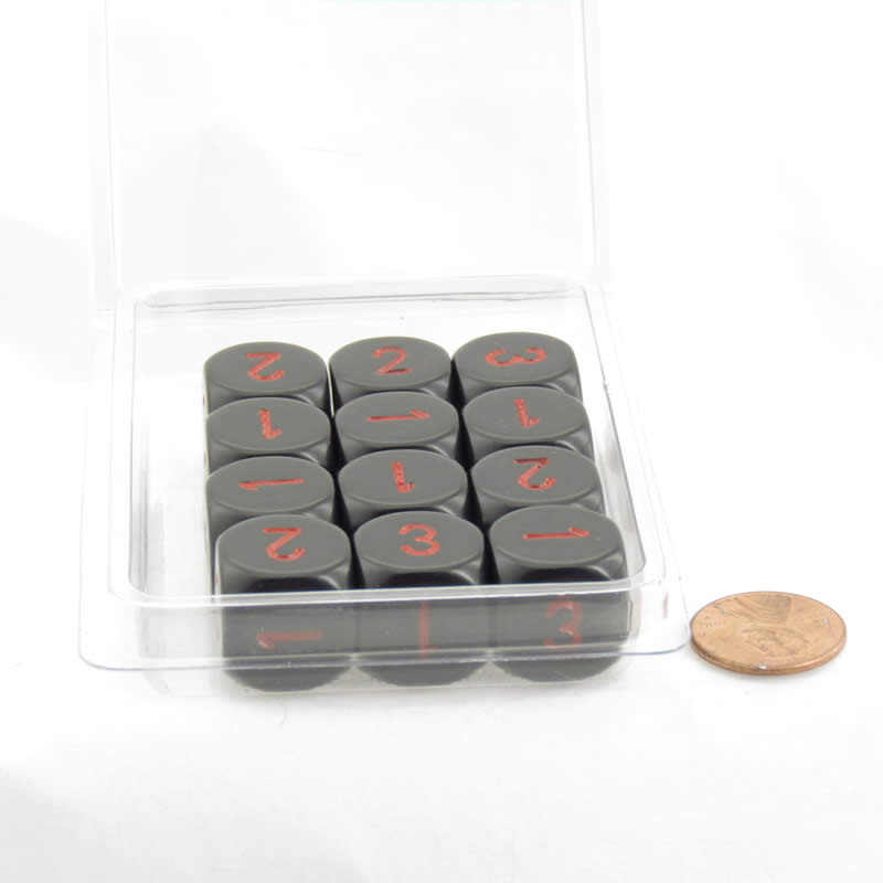 WCXXQ0318E12 Black Opaque Dice Red Numbers D3 (d6 1-3 Twice) 16mm Pack of 12 (ONLINE ORDER ONLY)