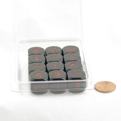 WCXXQ0318E12 Black Opaque Dice Red Numbers D3 (d6 1-3 Twice) 16mm Pack of 12 (ONLINE ORDER ONLY)