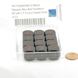 WCXXQ0318E12 Black Opaque Dice Red Numbers D3 (d6 1-3 Twice) 16mm Pack of 12 (ONLINE ORDER ONLY)