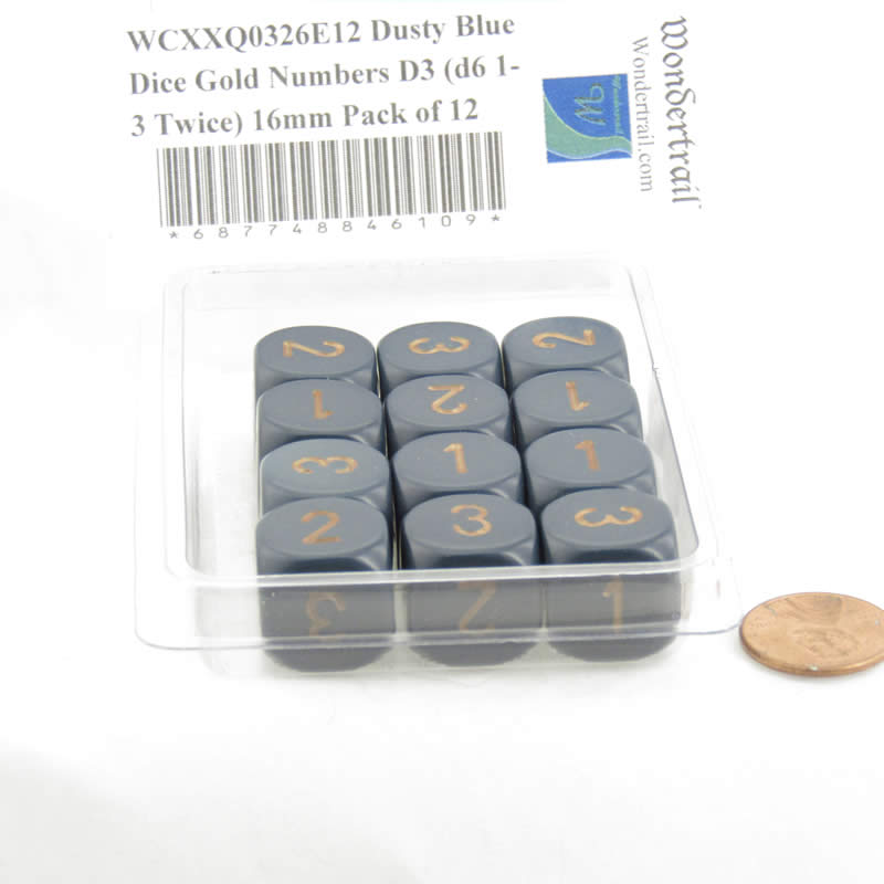 WCXXQ0326E12 Dusty Blue Dice Gold Numbers D3 (d6 1-3 Twice) 16mm Pack of 12 (ONLINE ORDER ONLY)