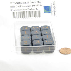 WCXXQ0326E12 Dusty Blue Dice Gold Numbers D3 (d6 1-3 Twice) 16mm Pack of 12 (ONLINE ORDER ONLY)