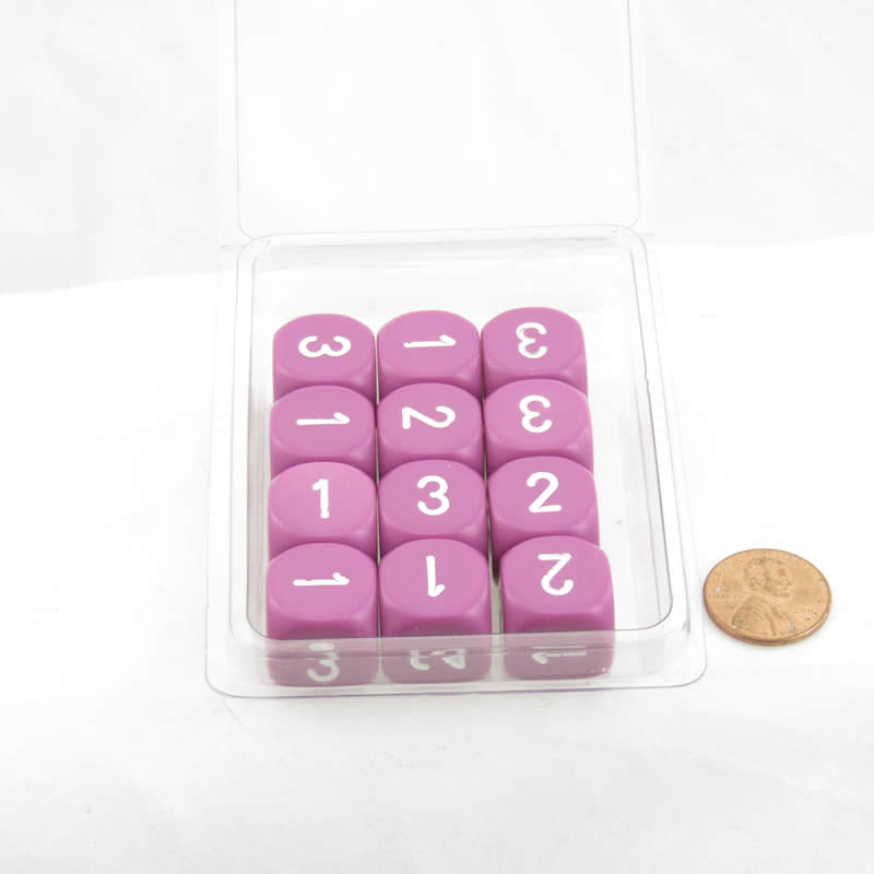 WCXXQ0327E12 Light Purple Opaque Dice White Numbers D3 (d6 1-3 Twice) 16mm (5/8in) Pack Of 12 (ONLINE ORDER ONLY)