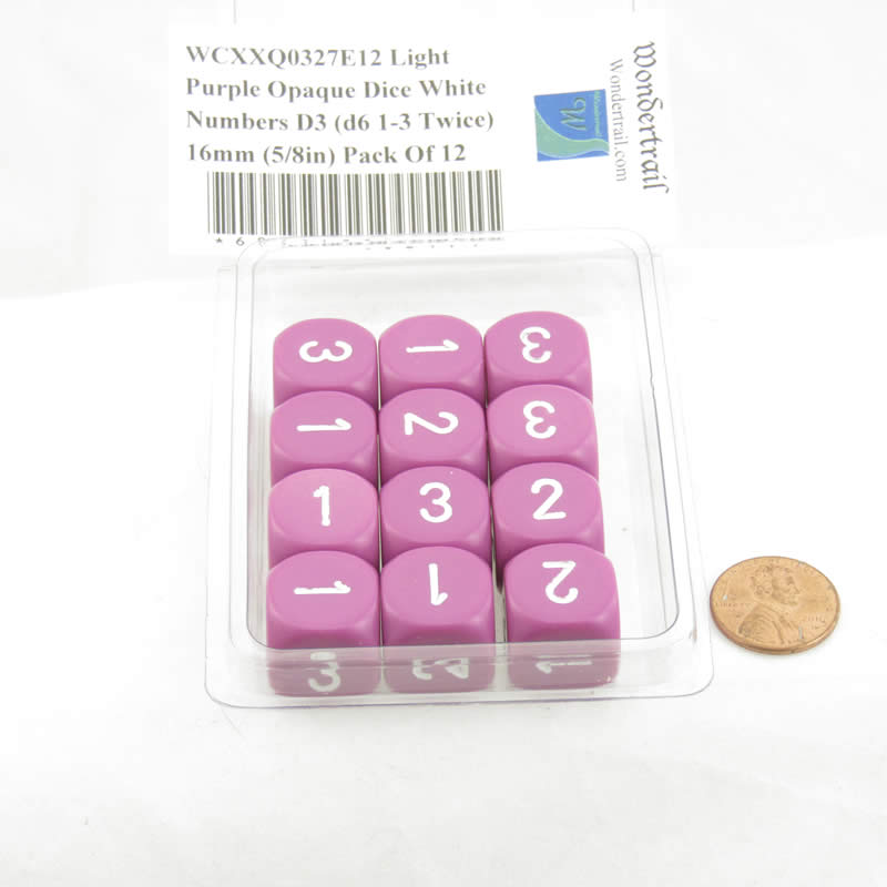 WCXXQ0327E12 Light Purple Opaque Dice White Numbers D3 (d6 1-3 Twice) 16mm (5/8in) Pack Of 12 (ONLINE ORDER ONLY)