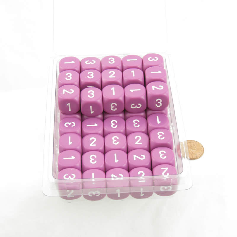 WCXXQ0327E50 Light Purple Opaque Dice White Numbers D3 (d6 1-3 Twice) 16mm (5/8in) Pack Of 50 (ONLINE ORDER ONLY)
