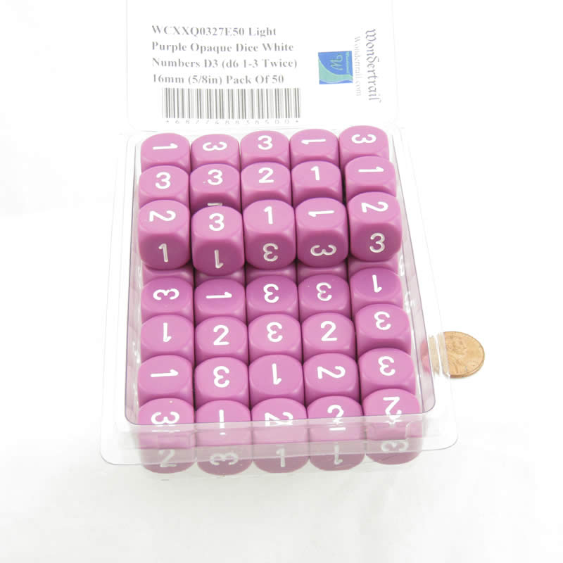 WCXXQ0327E50 Light Purple Opaque Dice White Numbers D3 (d6 1-3 Twice) 16mm (5/8in) Pack Of 50 (ONLINE ORDER ONLY)