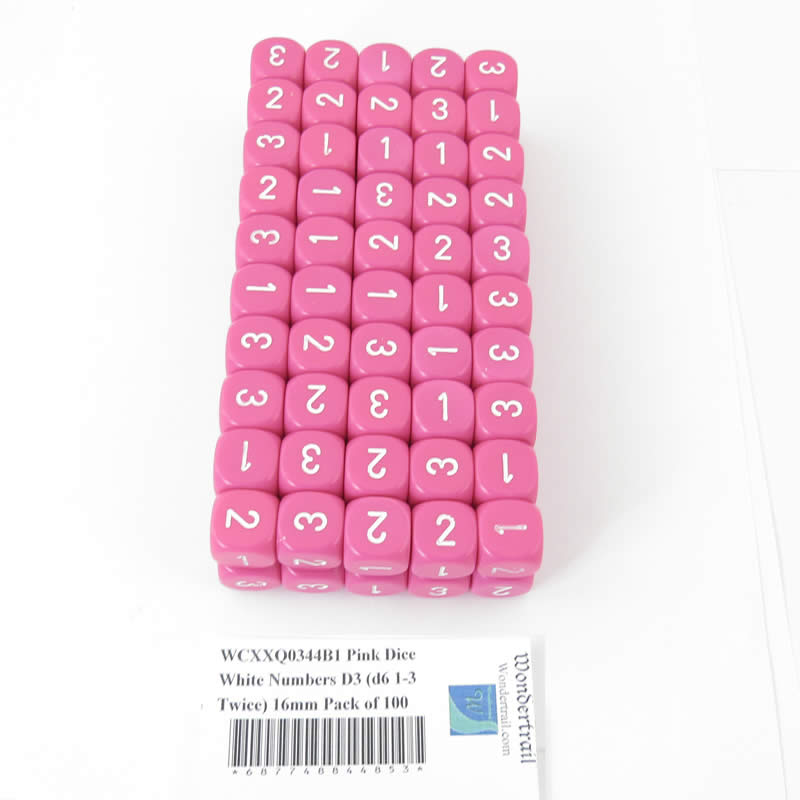 WCXXQ0344B1 Pink Dice White Numbers D3 (d6 1-3 Twice) 16mm Pack of 100 (ONLINE ORDER ONLY)