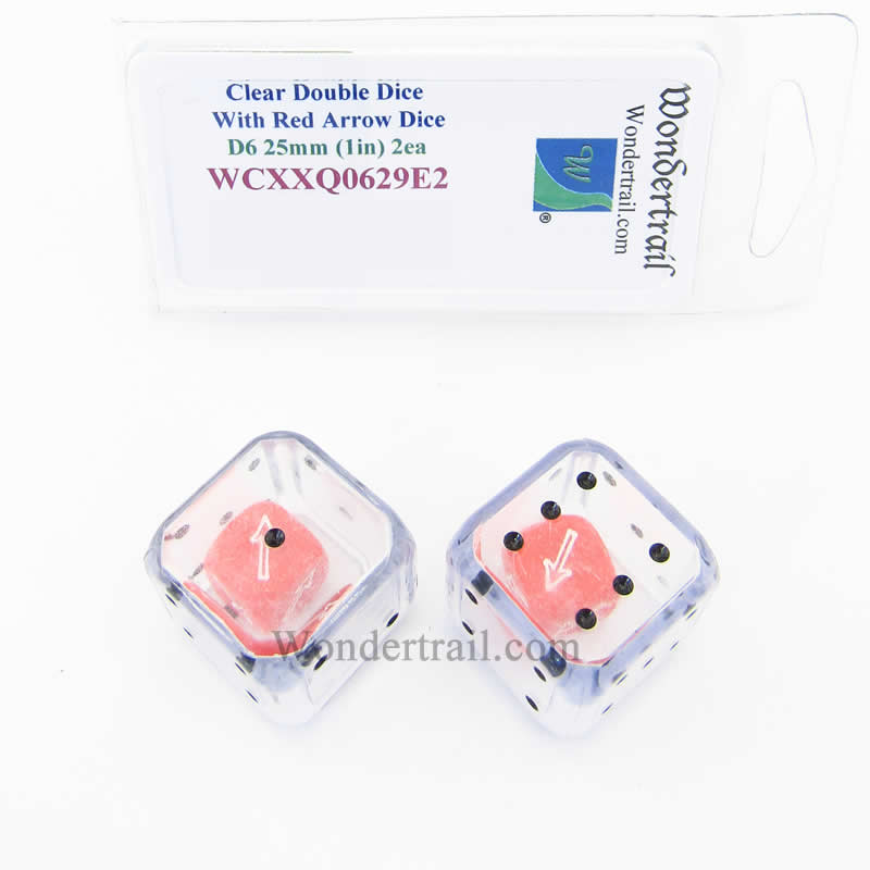 WCXXQ0629E2 Clear Double Dice Red Arrow Dice Inside Clear D6 25mm Pack of 2 (ONLINE ORDER ONLY)