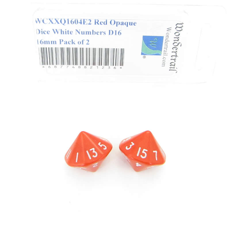 WCXXQ1604E2 Red Opaque Dice White Numbers D16 16mm Pack of 2 (ONLINE ORDER ONLY)