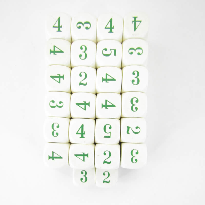WCXXQ2120E50 Ivory Opaque Dice Green Numbers D6 Averaging Dice 16mm Pack of 50 (ONLINE ORDER ONLY)