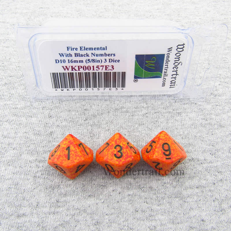 WKP00157E3 Fire Elemental Dice Black Numbers D10 16mm Pack of 3 (ONLINE ORDER ONLY)