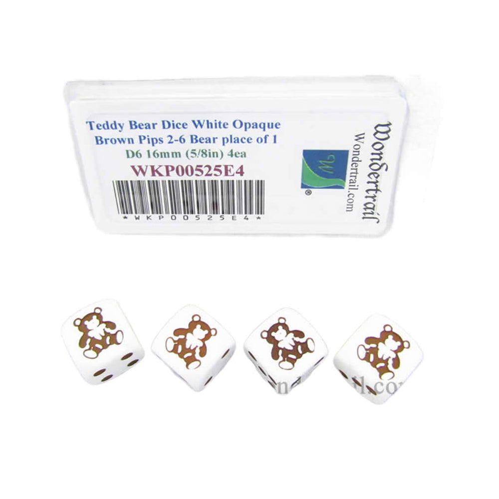 WKP00525E4 Teddy Bear Dice White Opaque Brown Pips D6 16mm Set of 4 (ONLINE ORDER ONLY)