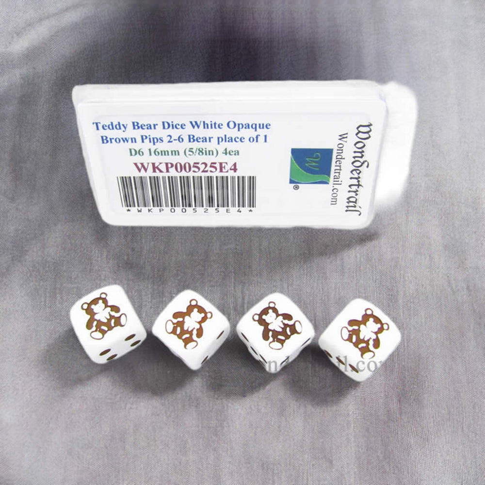 WKP00525E4 Teddy Bear Dice White Opaque Brown Pips D6 16mm Set of 4 (ONLINE ORDER ONLY)
